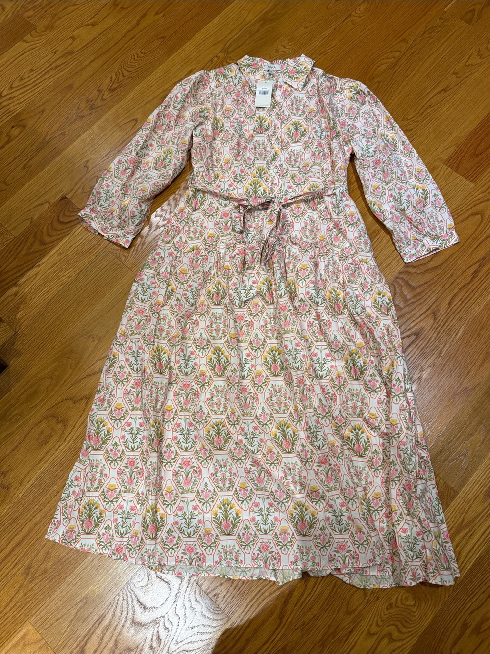 Avara Long Sleeve Pink Floral Tie-Waist Midi Dress